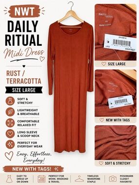 Daily Ritual Rust Terracotta Long Sleeve Maxi Dress NWT Size Large